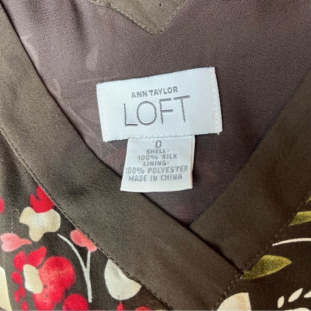 Ann Taylor Loft Y2K Brown Floral Ruffle Dress Size 0 100% Silk Sleeveless - Picture 3 of 5